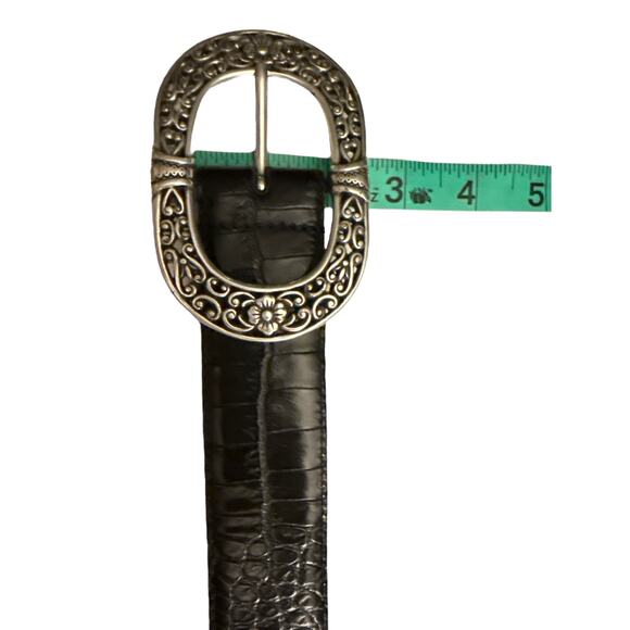 Womens Belt Black Faux Alligator Croc Leather Oval Silver Scroll Buckle XL 33-37 - Picture 6 of 8